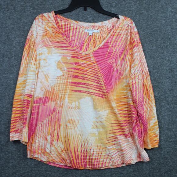 Chico's 3 Top V Neck Red Orange Palm Leaf Print Long Sleeve - Picture 1 of 5